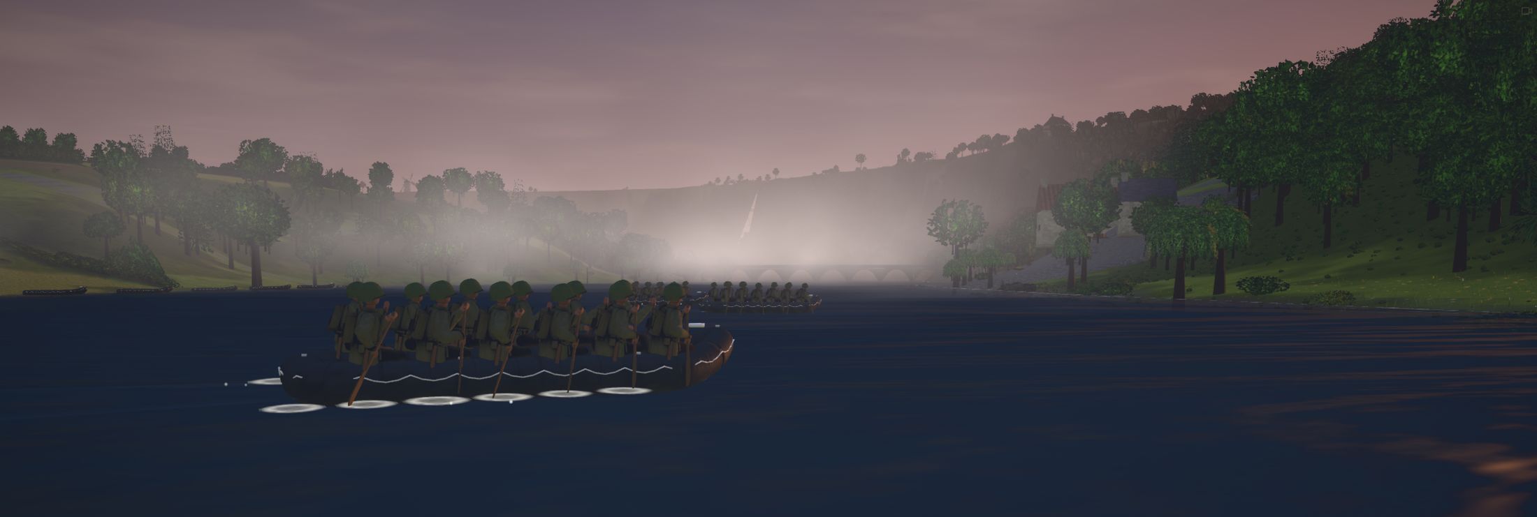 Rubber boats crossing the Vire in the morning mist