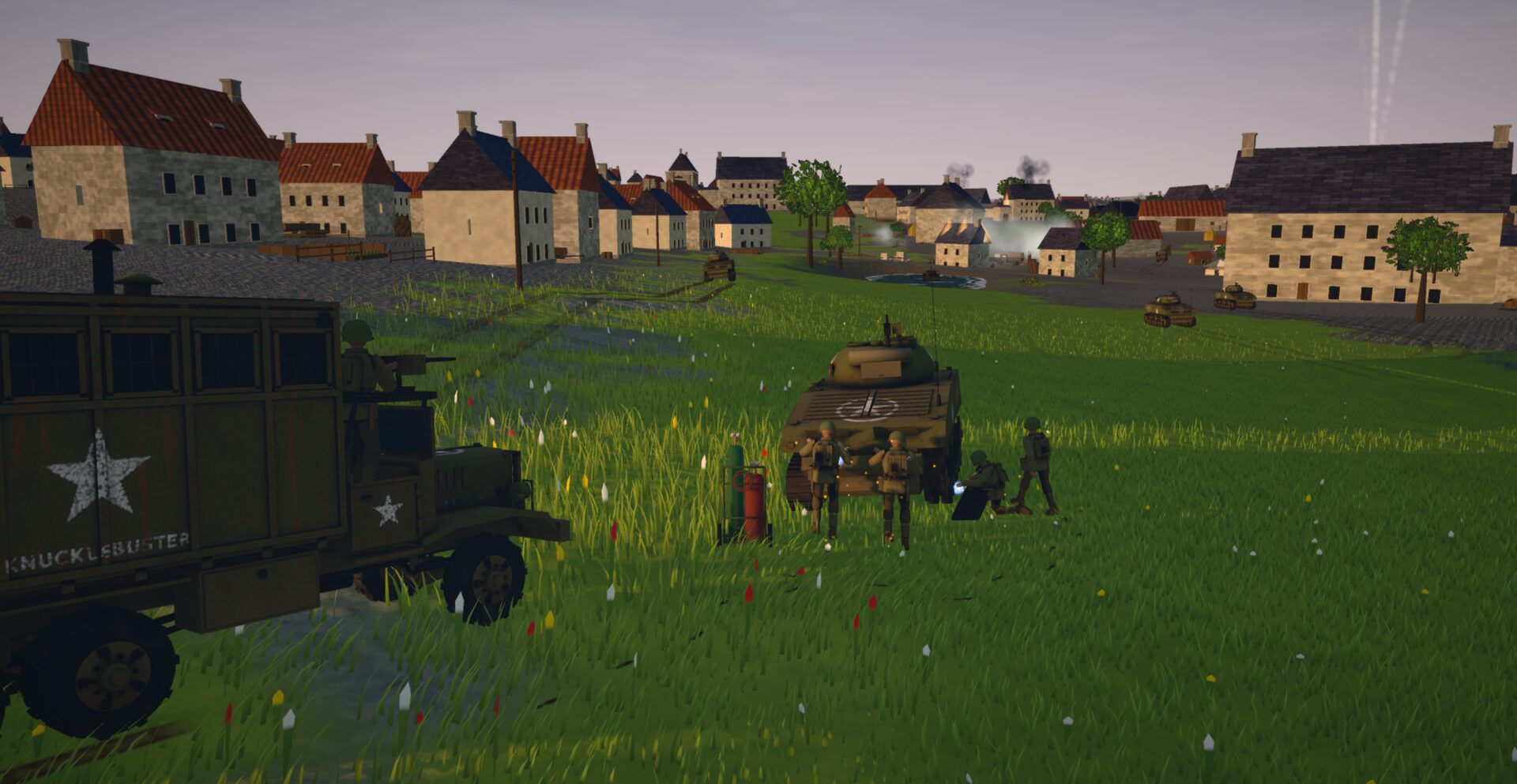 A repair truck and a Sherman in a town square, the engineers at work