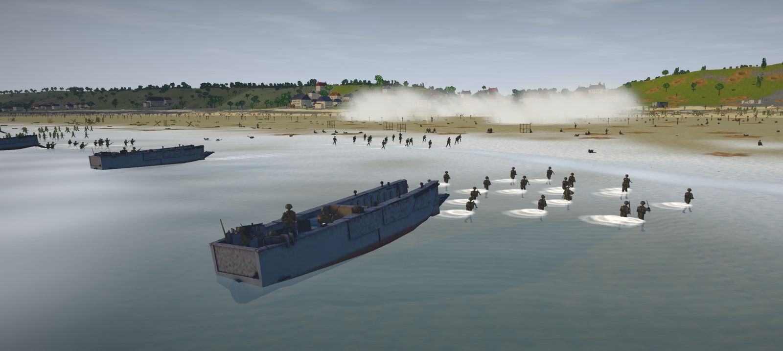A landing craft drops its ramp and the section wades in