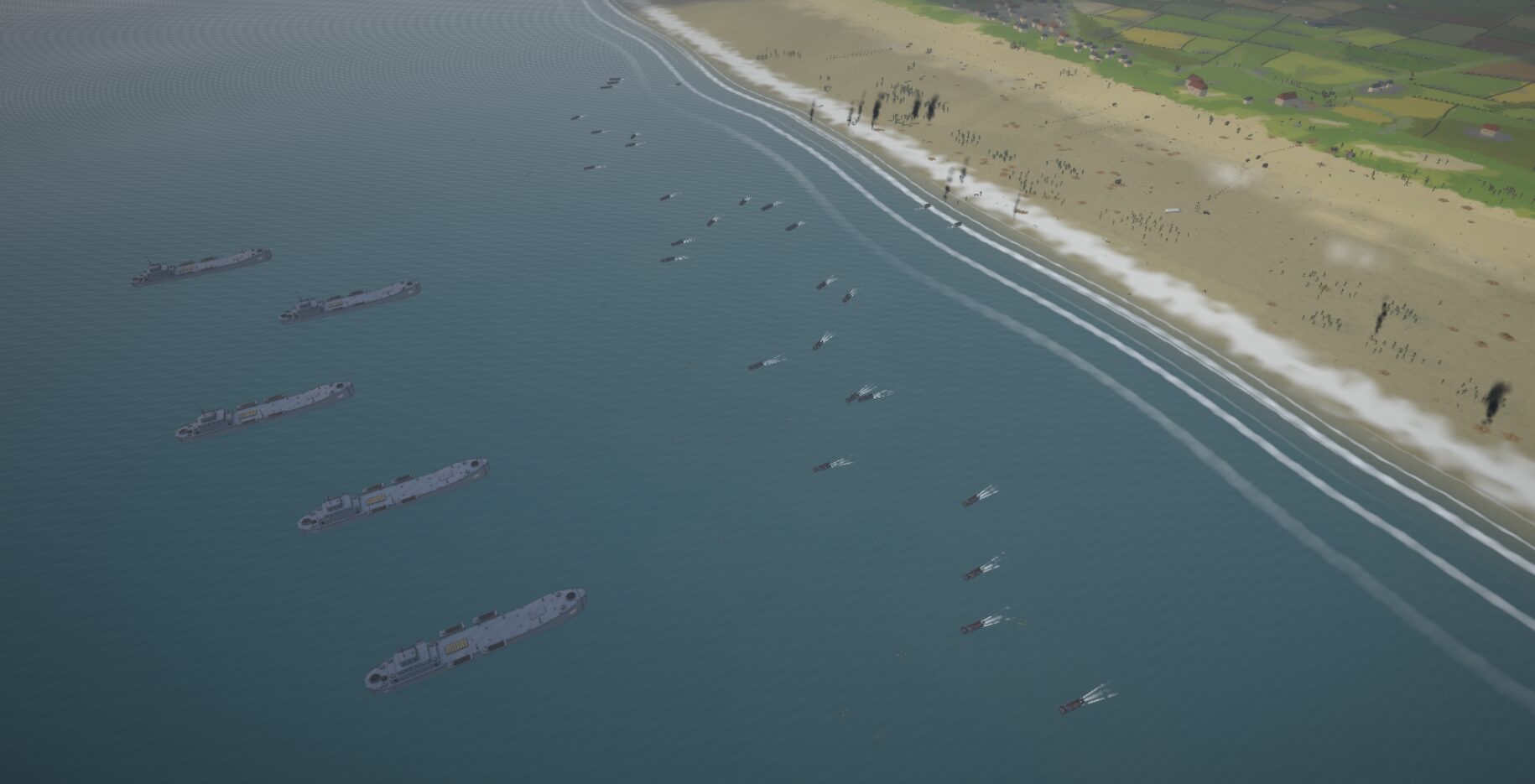 LSTs and landing craft off Utah Beach, seen from above