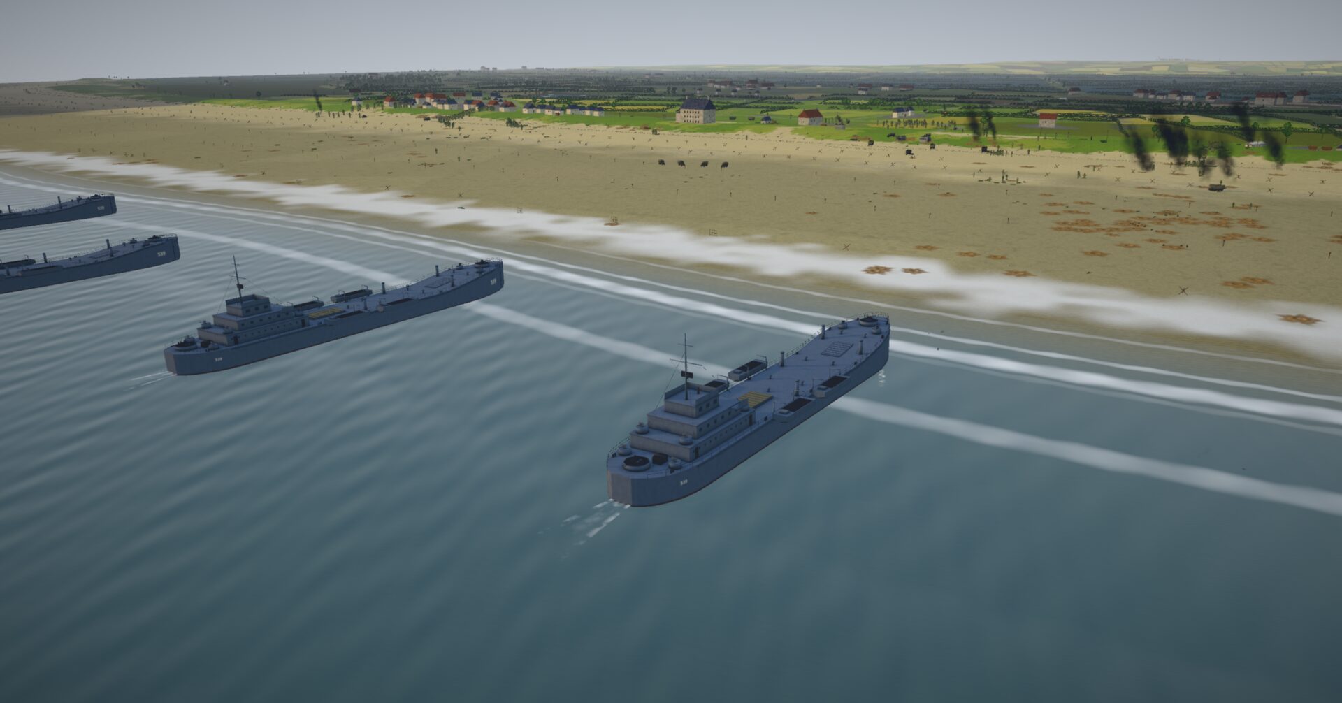 A line of LSTs coming in to the beach, wakes trailing behind them