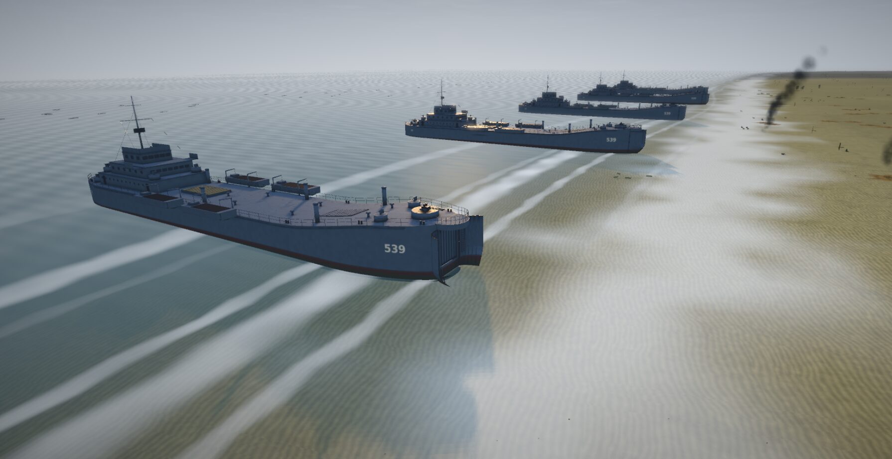 LSTs closing on the sand, smoke on the beach ahead