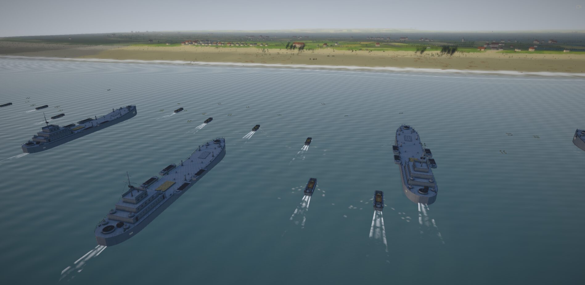 Landing craft and LSTs crossing the anchorage