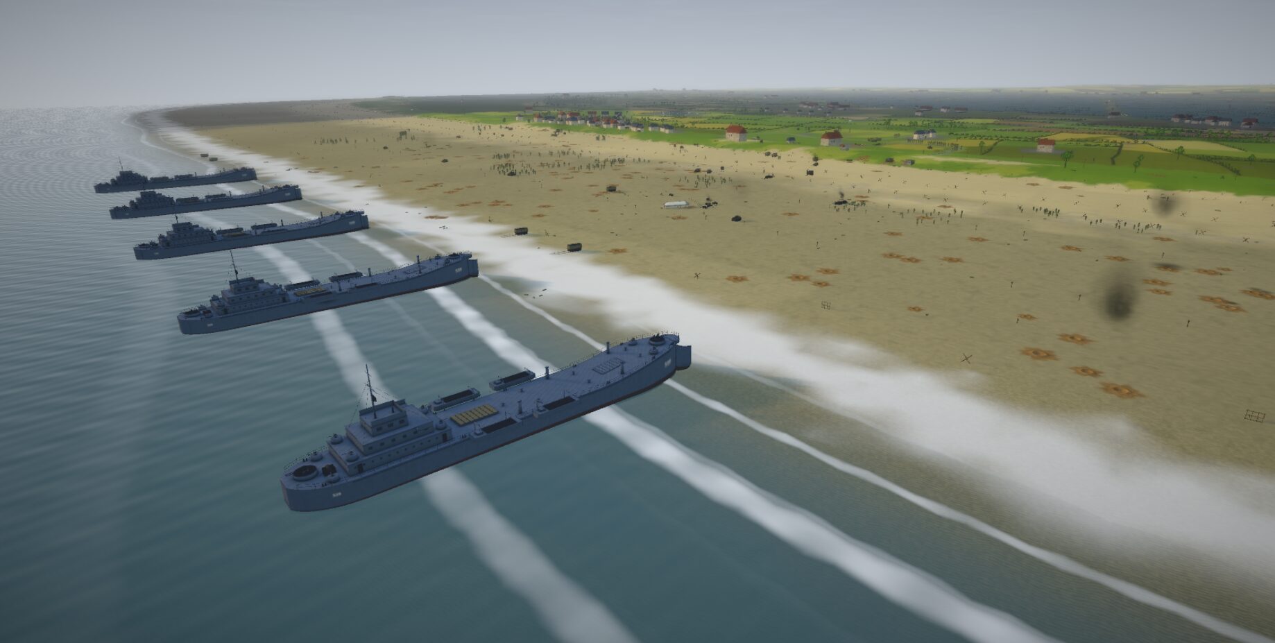 Two LSTs in the shallows off a cratered beach