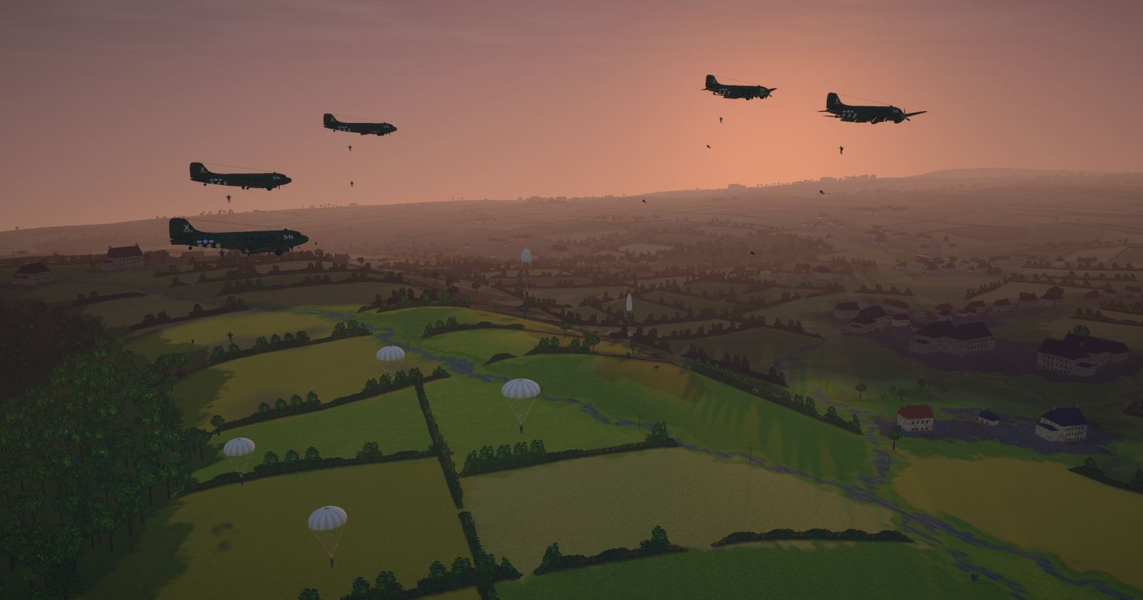 C-47s dropping paratroopers over the fields at first light