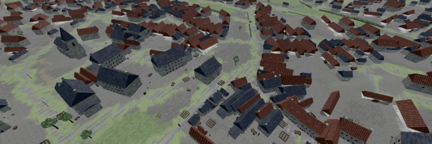The rooftops of Carentan round the church