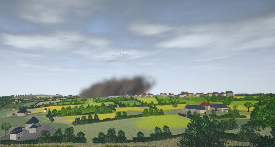 Smoke rising over the Normandy countryside