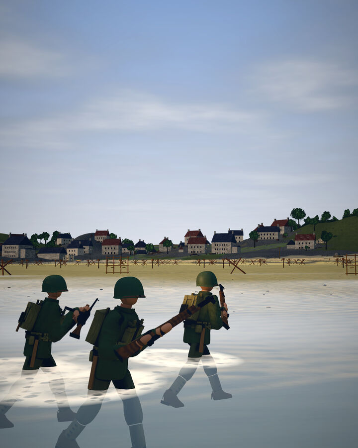 Infantry wading in toward Les Moulins at Omaha Beach