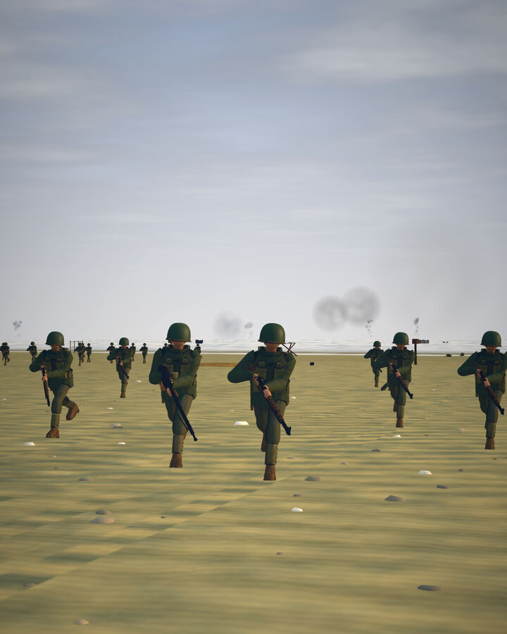 The 8th Infantry running up the sand at Utah Beach