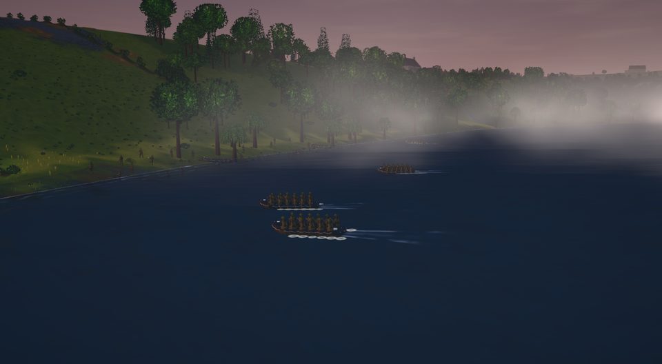 Rubber boats crossing the Vire in the dawn mist